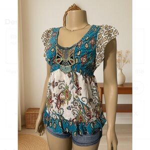 Live and Let Live Blue and White Ruffled Tunic